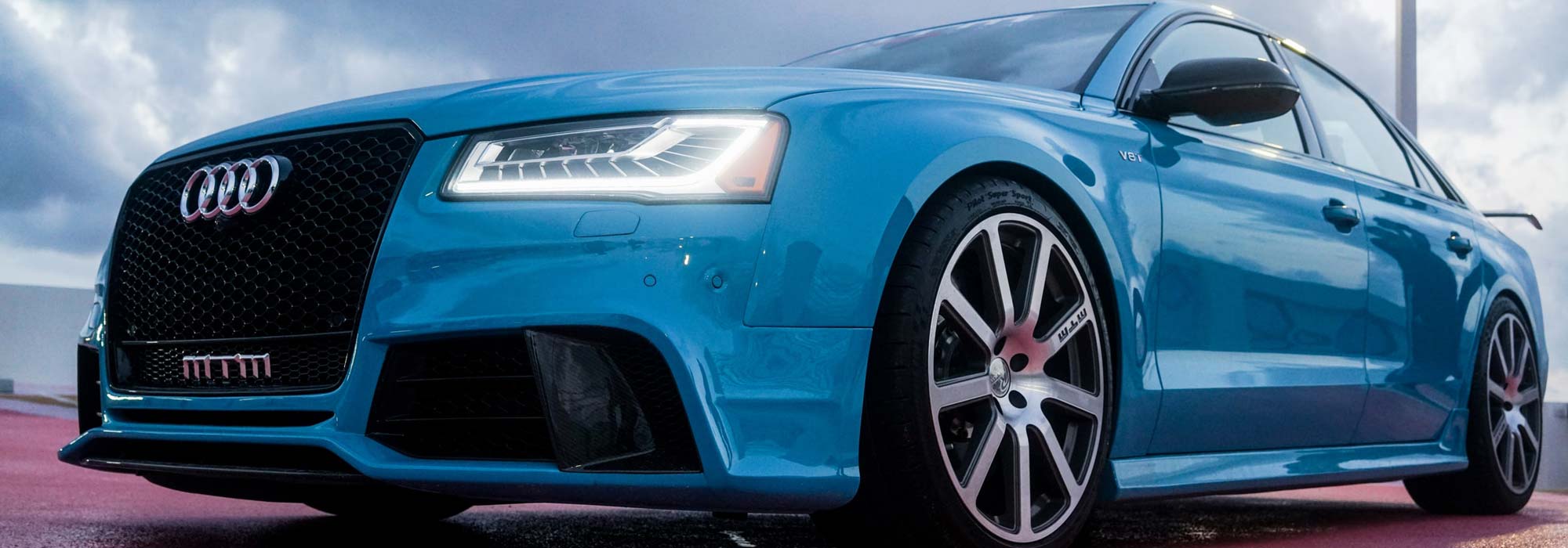 closeup of blue Audi